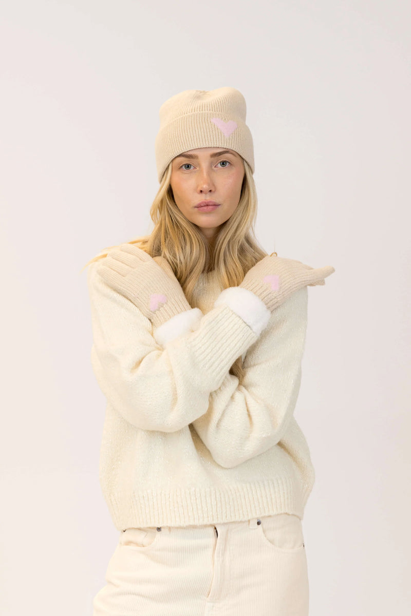 Apres Heart Beanie And Mitten Set