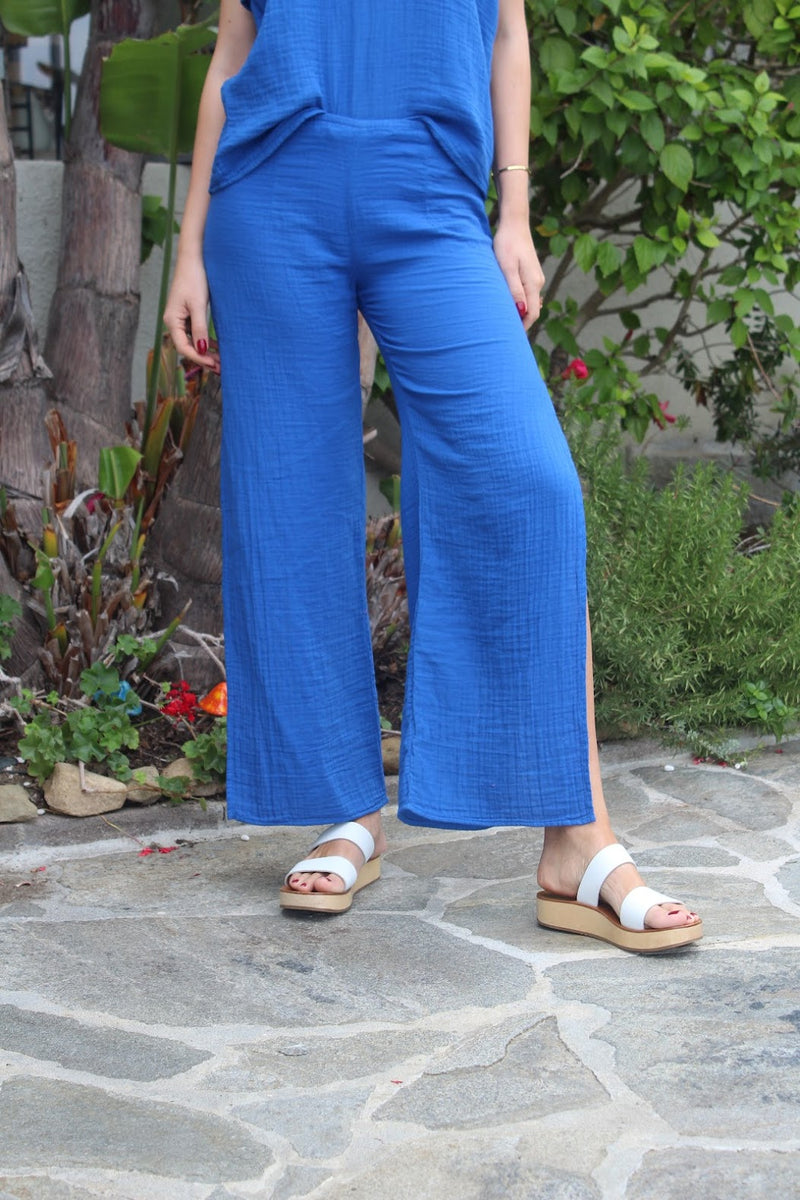 Cotton Solid Side Slit Pant - Blue