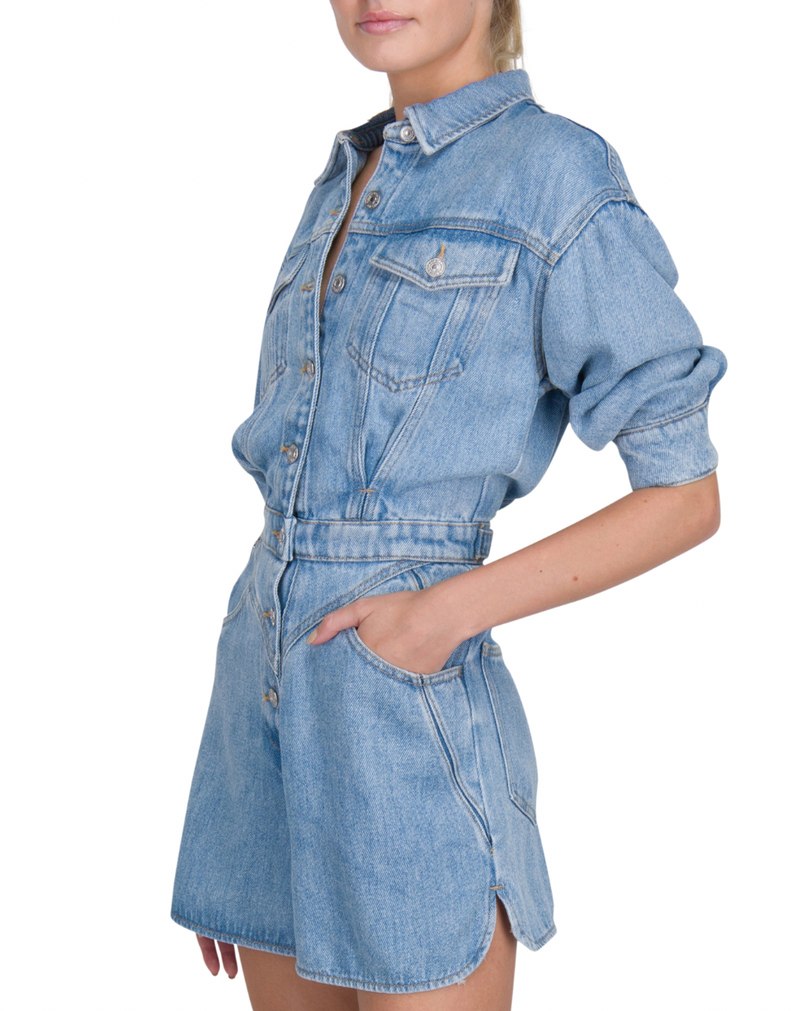 Denim Front Yoke Romper - Volcan Blue