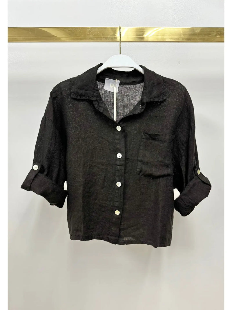Cropped Linen Button Down - Black
