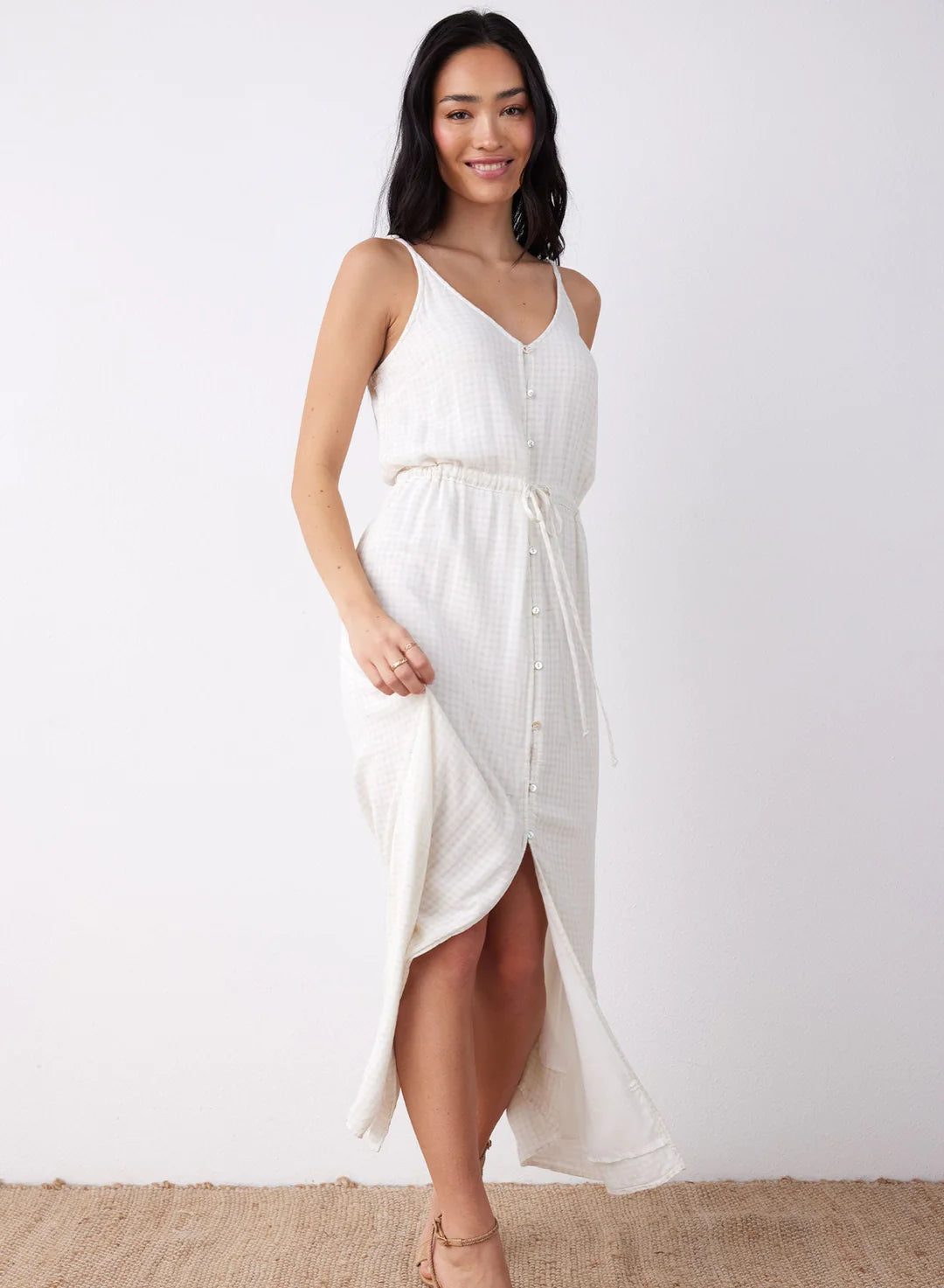 Button Front Cami Dress Light Sand Feather And Stone Boutique