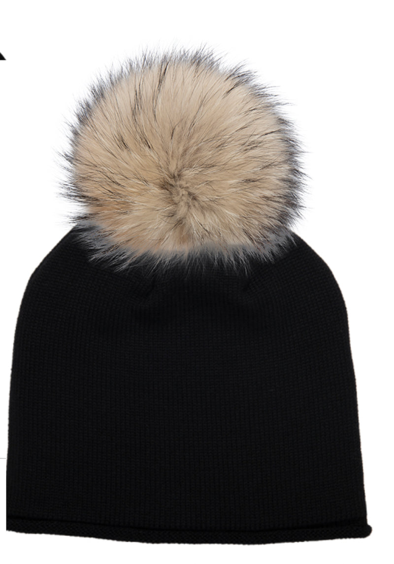 Glossy Hat - Black / Raccoon Natural L Pom