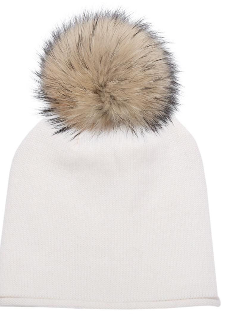 Glossy Hat - Ivory / Raccoon Natural L Pom