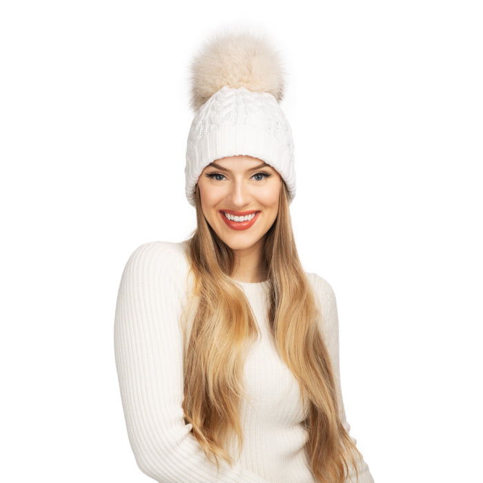 Charlie Cable Hat - Ivory / Raccoon Natural XL Pom