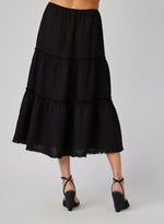 Frayed Linen Tiered Skirt - Black