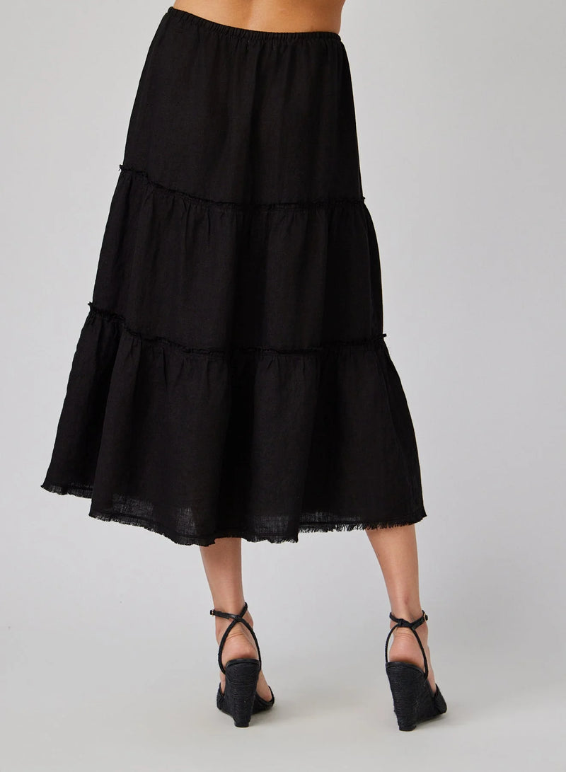 Frayed Linen Tiered Skirt - Black