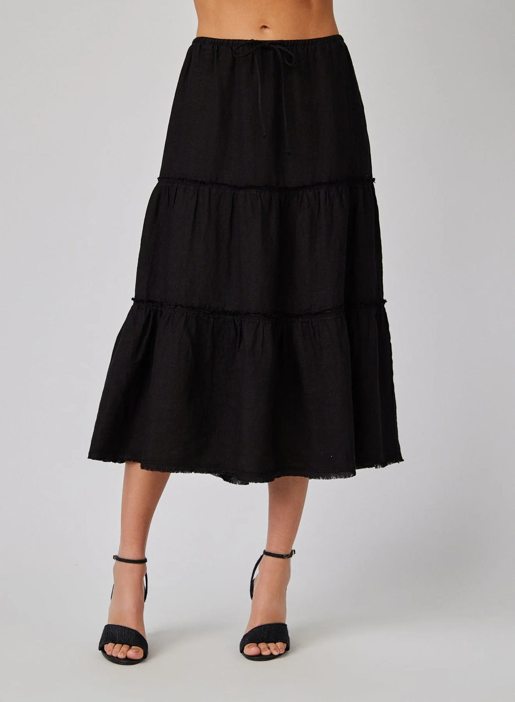 Frayed Linen Tiered Skirt - Black