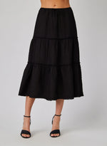 Frayed Linen Tiered Skirt - Black