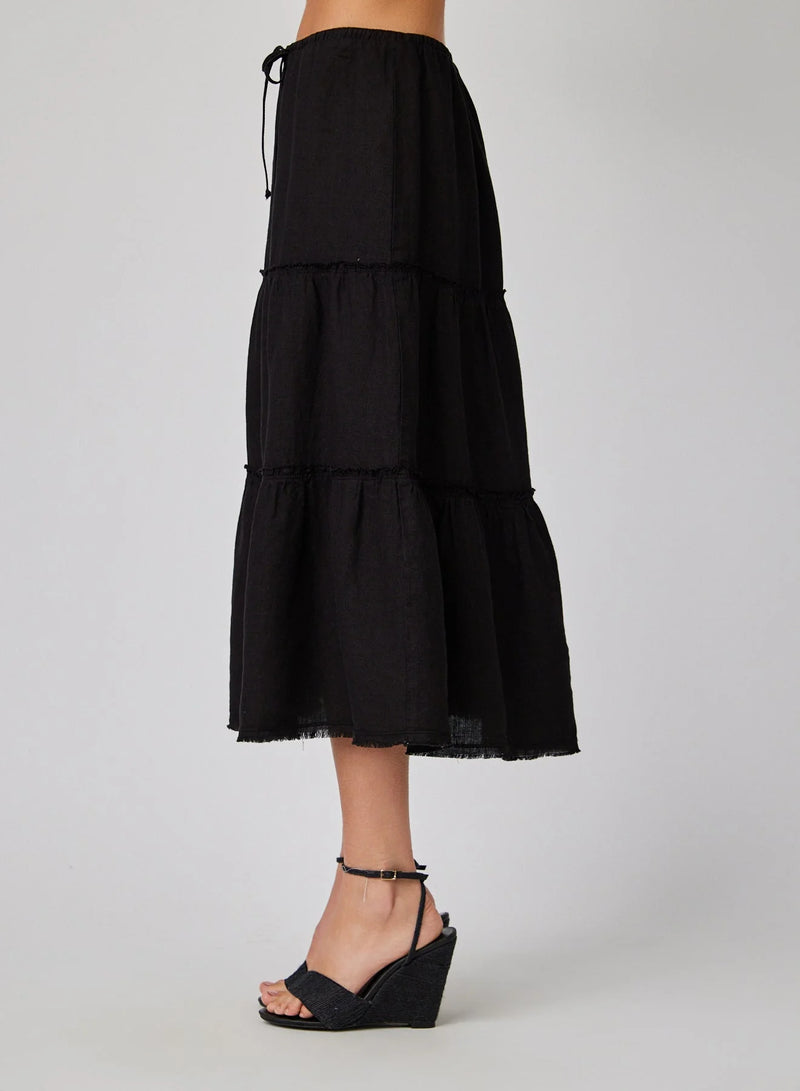 Frayed Linen Tiered Skirt - Black