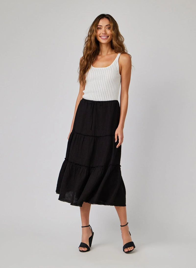 Frayed Linen Tiered Skirt - Black