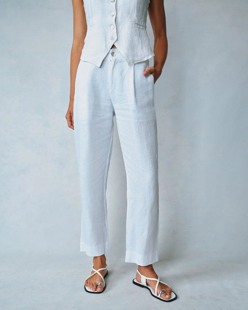 Luxe Linen Pleated Wide Leg Ankle Pant - White