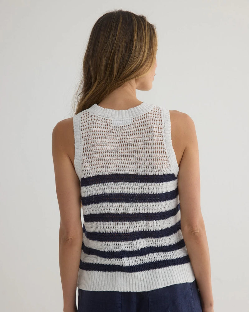 Sleeveless Crew Neck Top - Navy & White Stripe