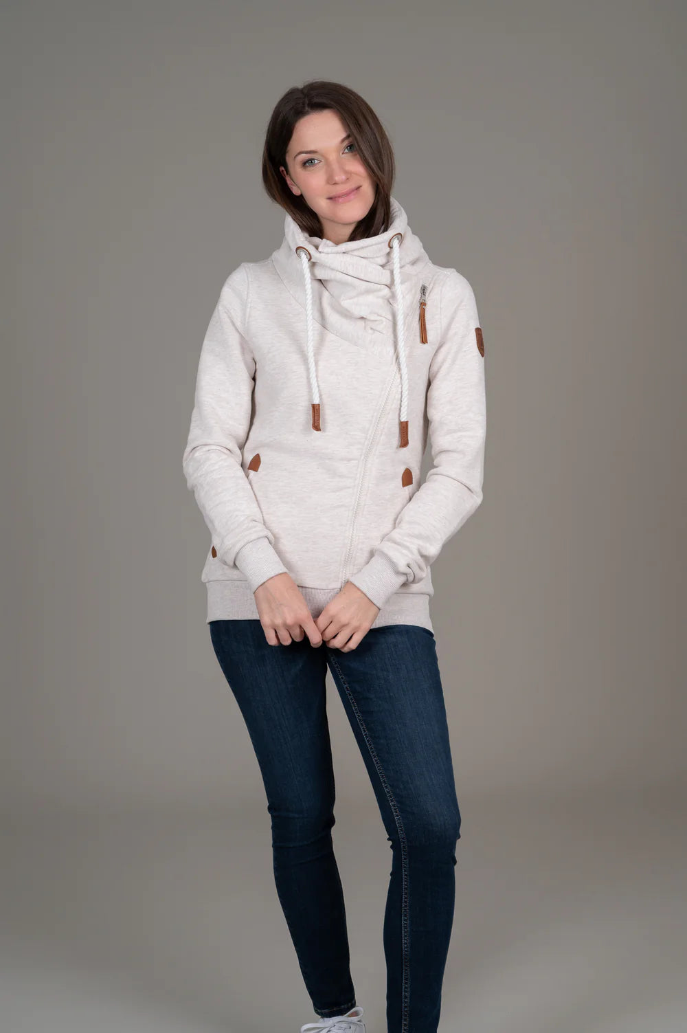 Hestia High Collar Full Zip - Heather Oatmeal