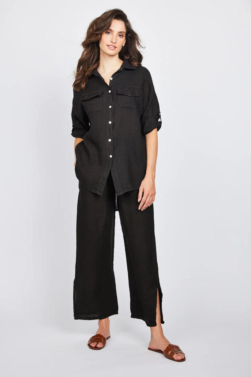 Linen Lounge Pant With Side Slit - Black