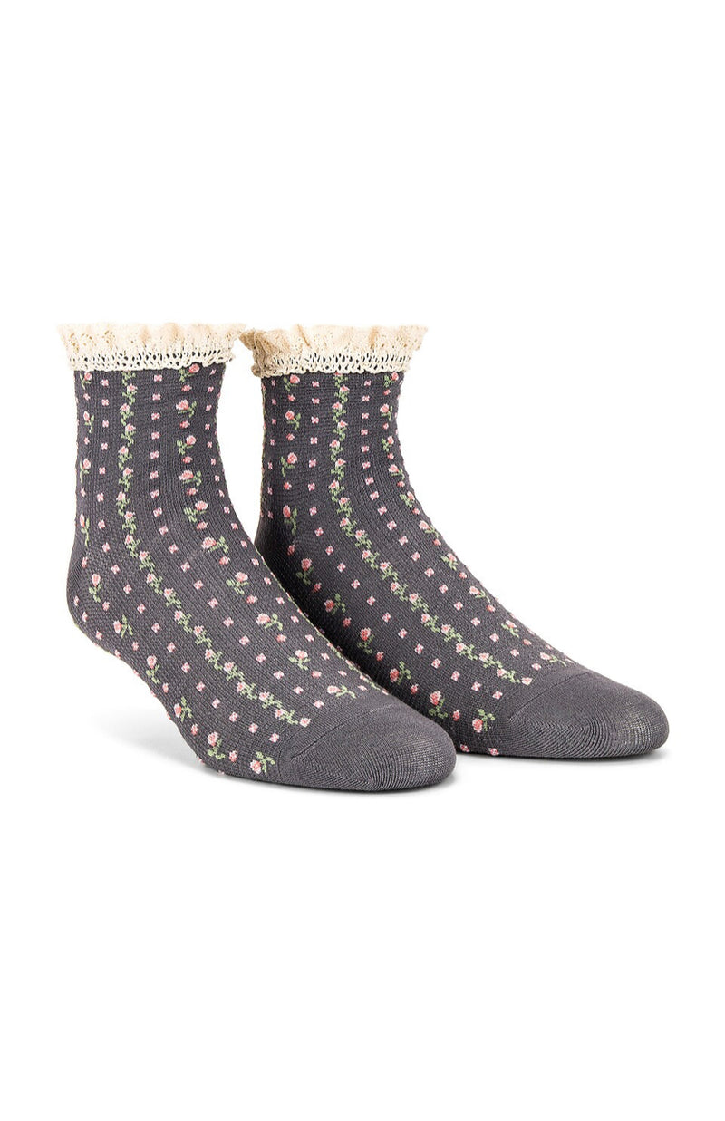 Rosebud Waffle Knit Socks - Grey