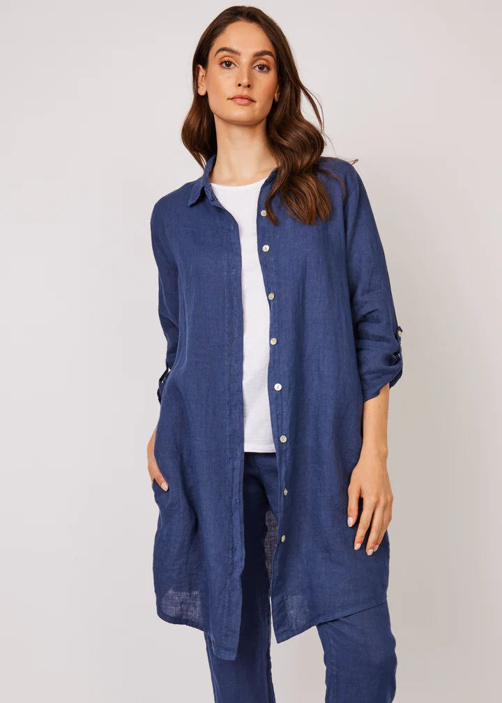 Button Down Linen Blouse Dress With Pockets