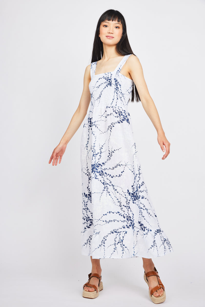 Bunched Top Linen Dress - Floral Vine Print