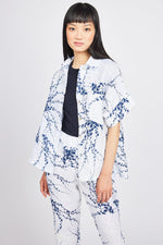 Short Sleeve Linen Blouse with Floral Vine Print