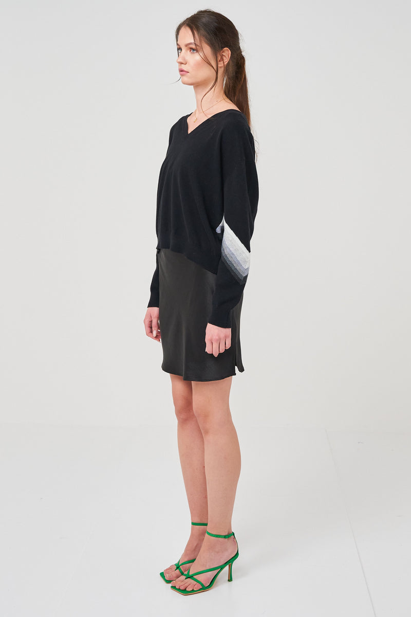 Chevron Stripe Sleeve V Sweater