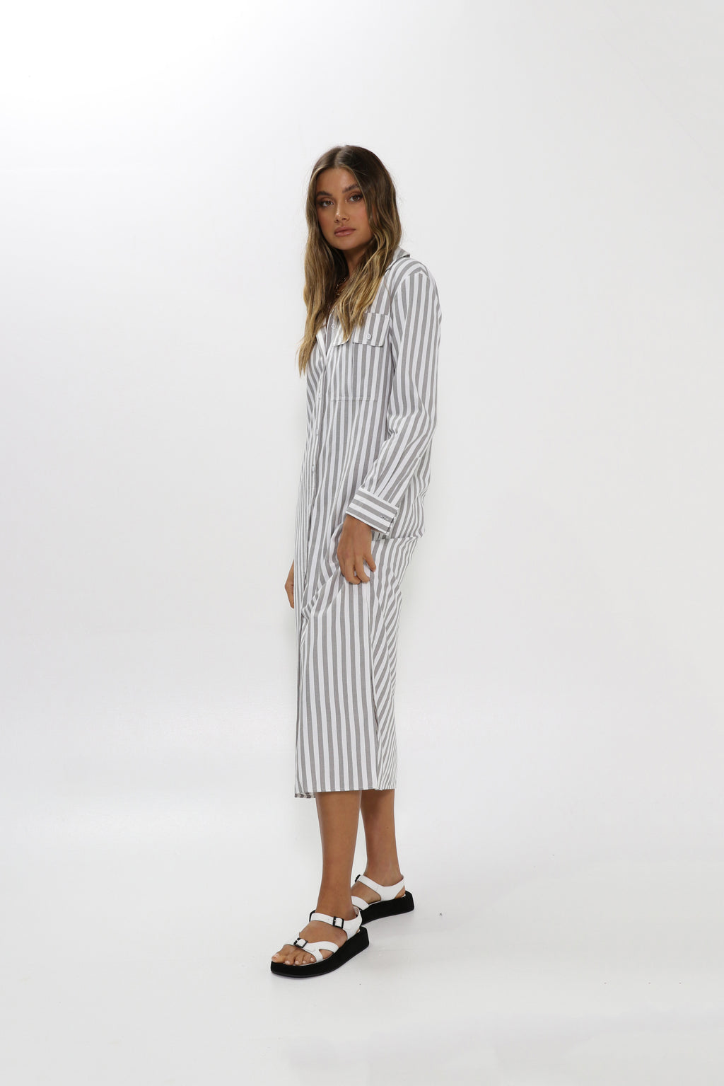 Jadana Maxi Shirt Dress - Grey Stripe