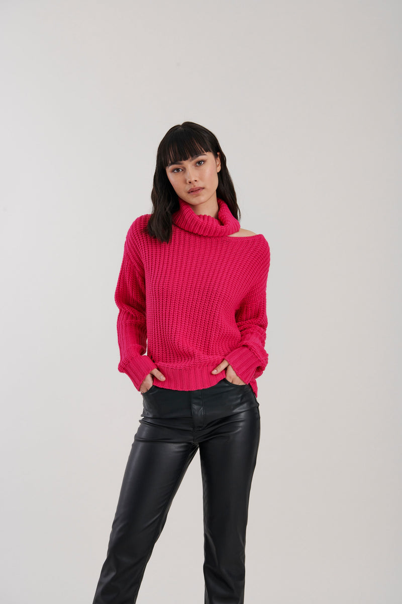 Emilie Hot Pink Cold Shoulder Sweater