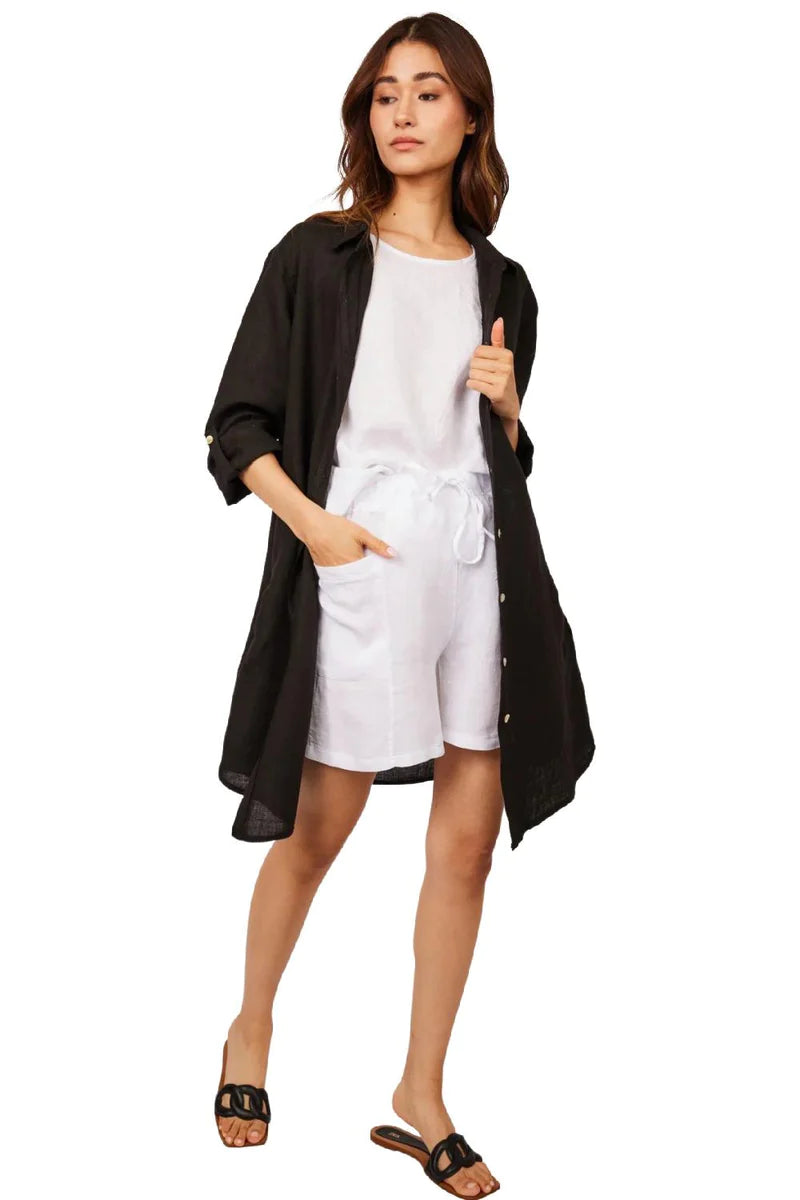 Button Down Linen Blouse Dress With Pockets - Black